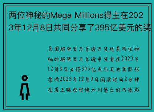 两位神秘的Mega Millions得主在2023年12月8日共同分享了395亿美元的奖金。